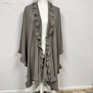 Pamela McCoy Grey Ruffled Wrap Shawl Womens OS Cardigan Sweater Cozy Warm Preppy
